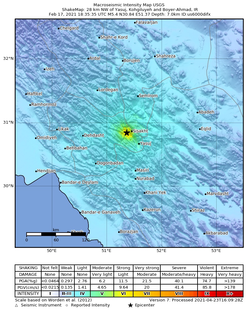 USGS ShakeMap intensity contours for the M5.4 earthquake near 28 km NW of Yasuj, Iran