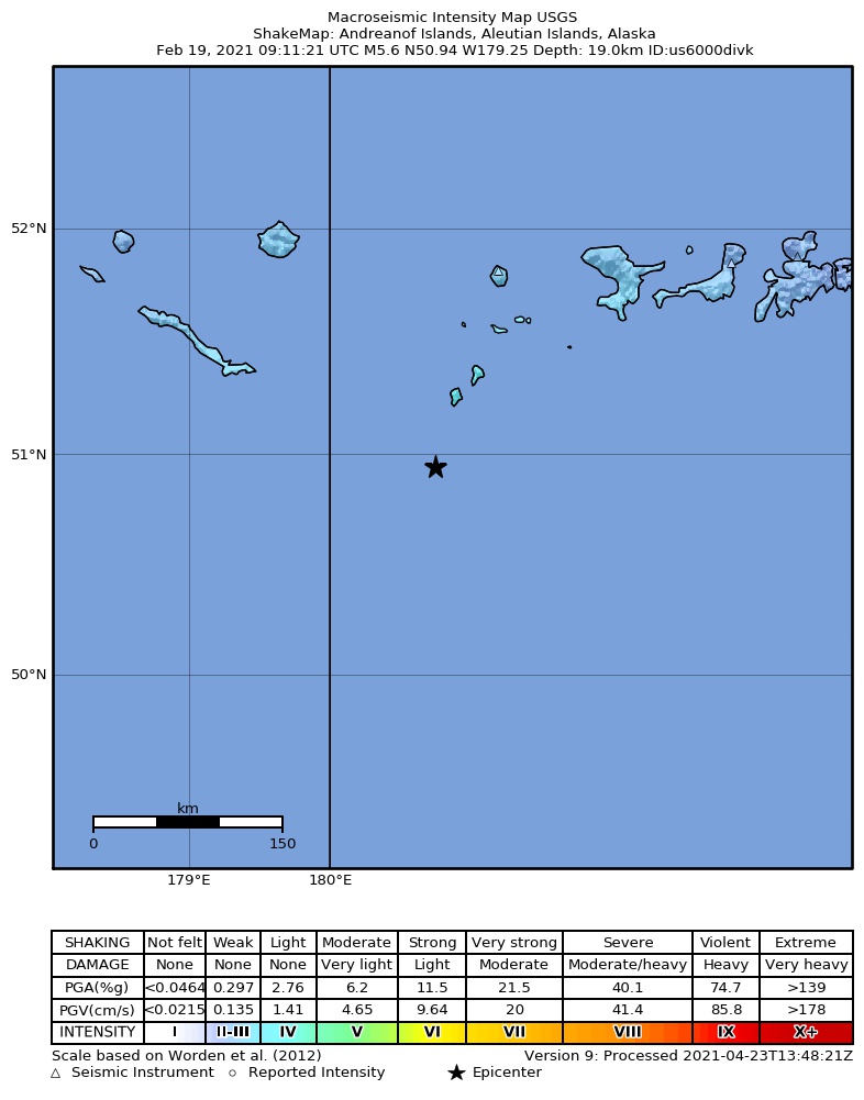 USGS ShakeMap: estimated shaking intensity around the epicenter