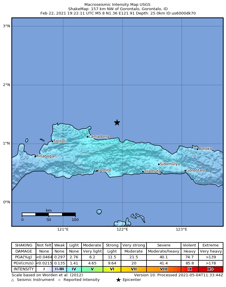 USGS ShakeMap intensity contours for the M5.8 earthquake near 157 km NW of Gorontalo, Indonesia