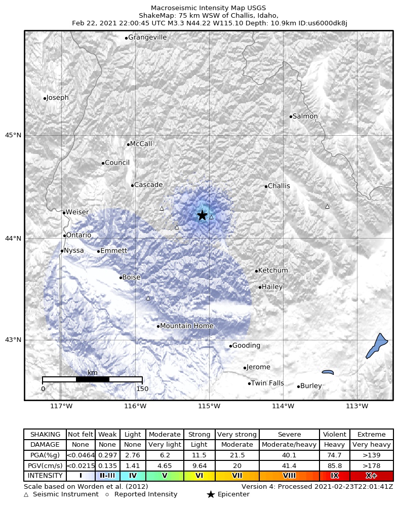 USGS ShakeMap intensity contours for the M3.3 earthquake near 12 km W of Stanley, Idaho