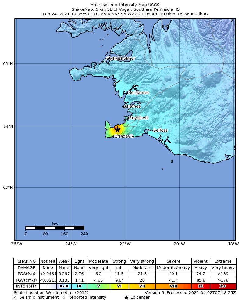 USGS ShakeMap intensity contours for the M5.6 earthquake near 6 km SE of Vogar, Iceland