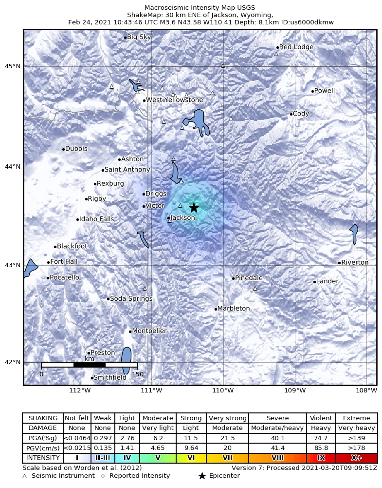USGS ShakeMap: estimated shaking intensity around the epicenter