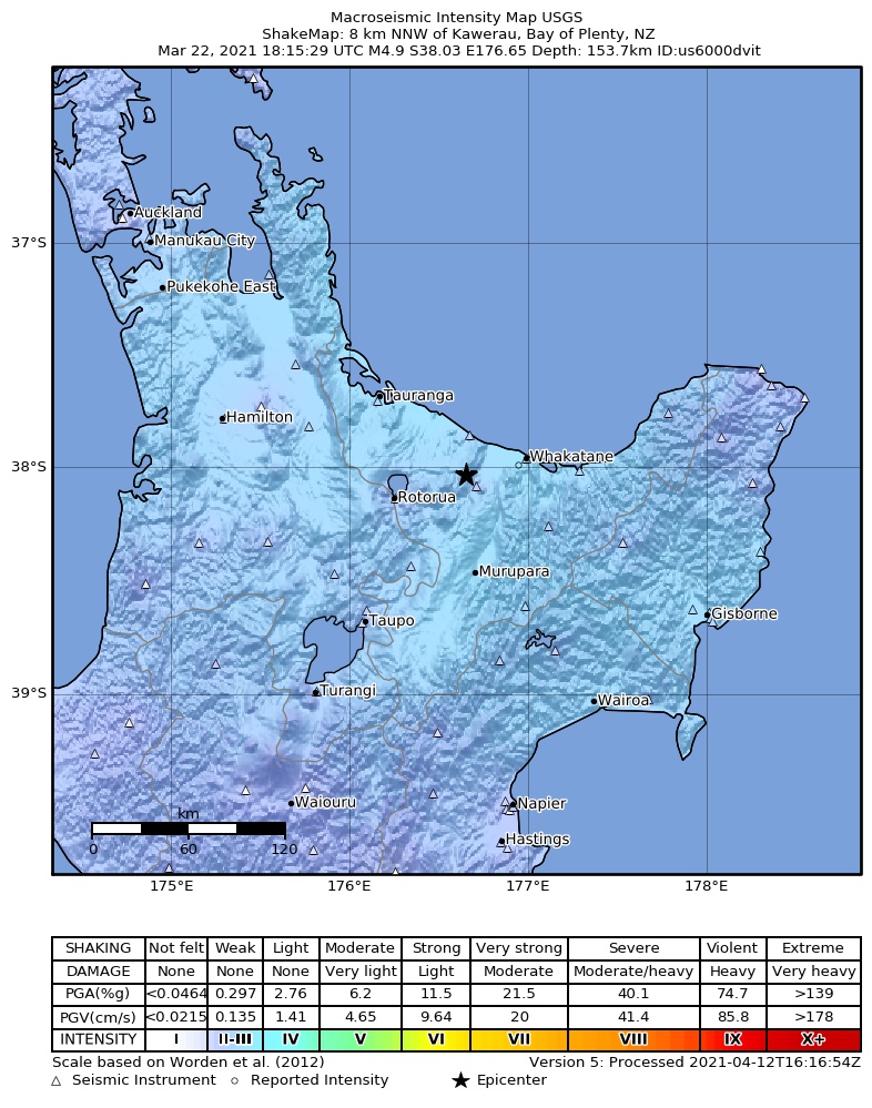USGS ShakeMap intensity contours for the M4.9 earthquake near 8 km NNW of Kawerau, New Zealand