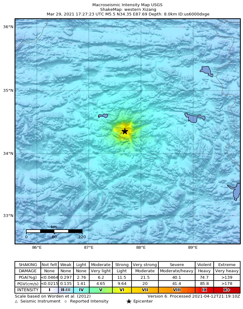 USGS ShakeMap intensity contours for the M5.5 earthquake near western Xizang