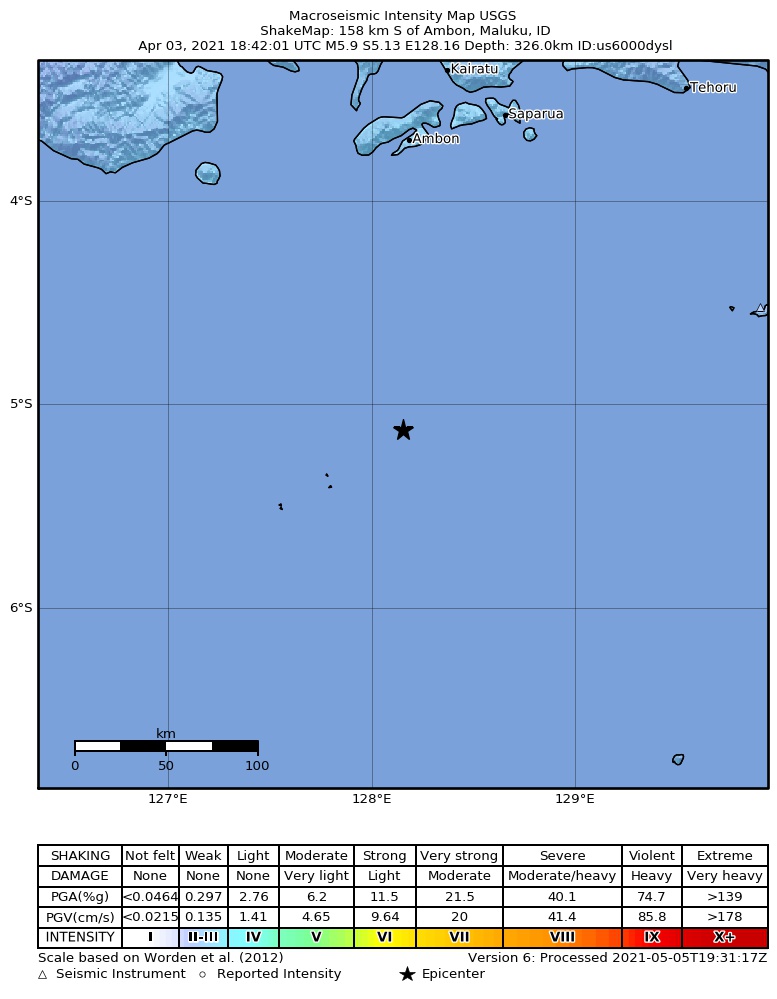 USGS ShakeMap intensity contours for the M5.9 earthquake near 158 km S of Ambon, Indonesia