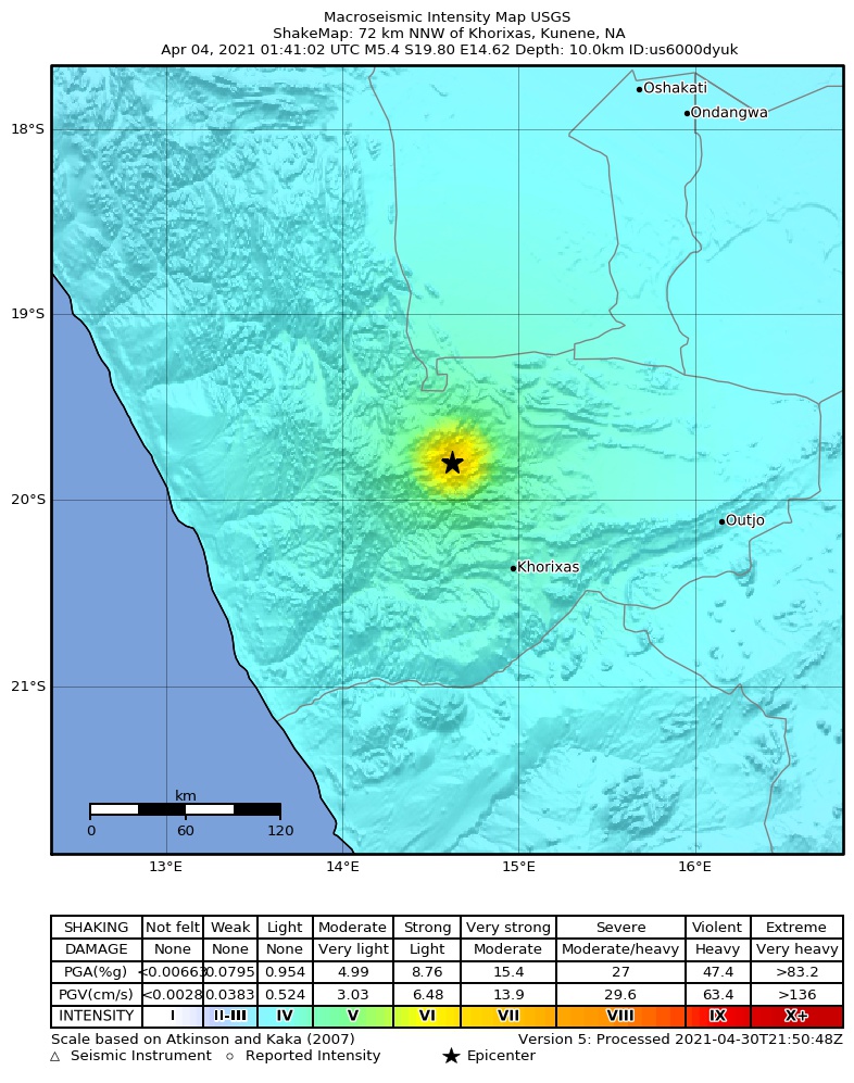 USGS ShakeMap: estimated shaking intensity around the epicenter