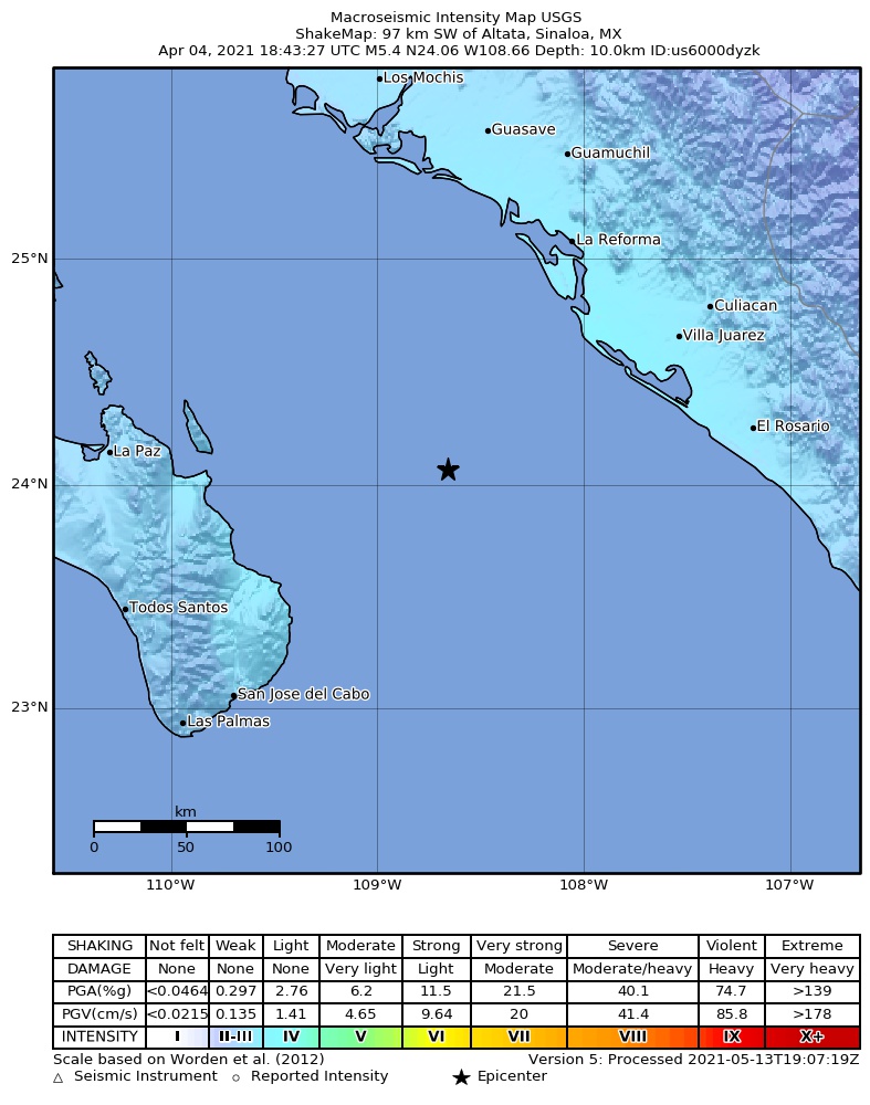 USGS ShakeMap intensity contours for the M5.4 earthquake near 97 km SW of Altata, Mexico