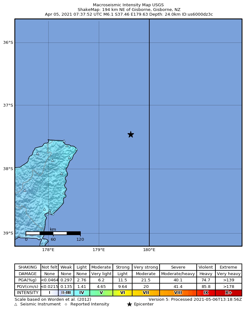 USGS ShakeMap intensity contours for the M6.1 earthquake near 194 km NE of Gisborne, New Zealand