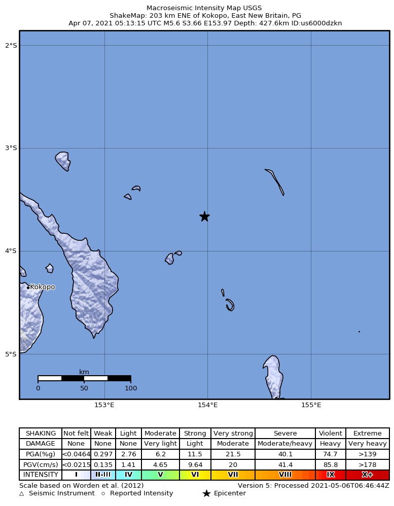 USGS ShakeMap intensity contours for the M5.6 earthquake near 203 km ENE of Kokopo, Papua New Guinea