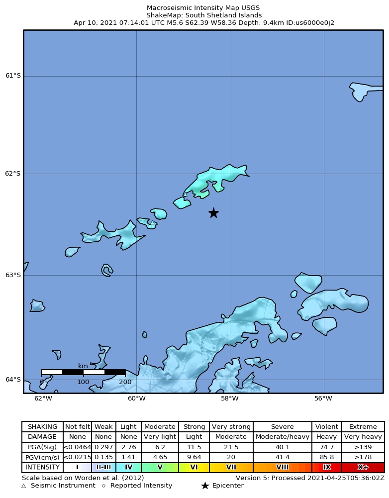 USGS ShakeMap intensity contours for the M5.6 earthquake near South Shetland Islands
