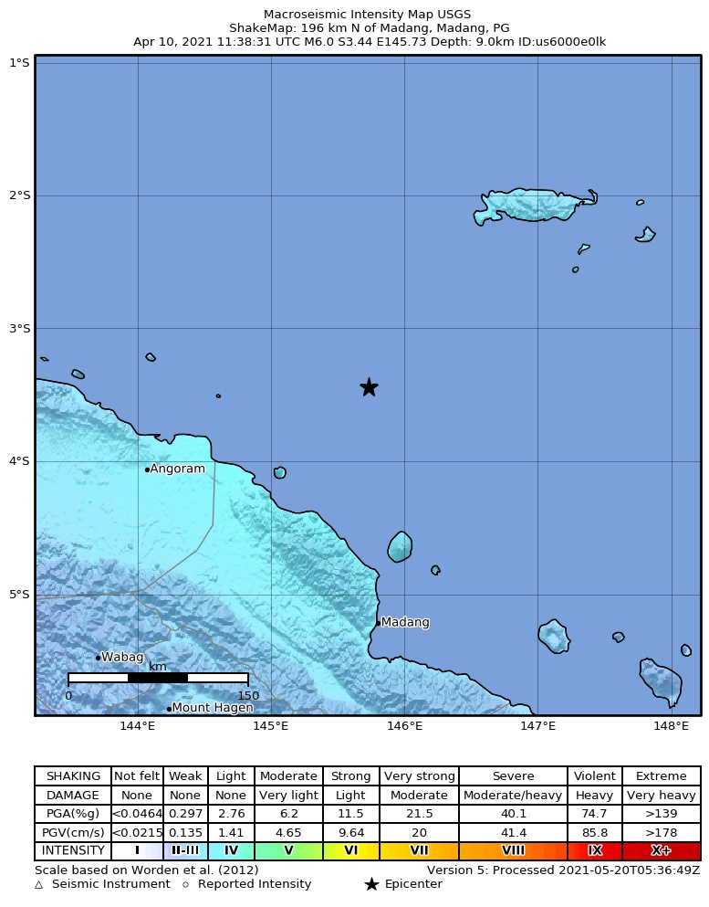 USGS ShakeMap intensity contours for the M6.0 earthquake near 196 km N of Madang, Papua New Guinea