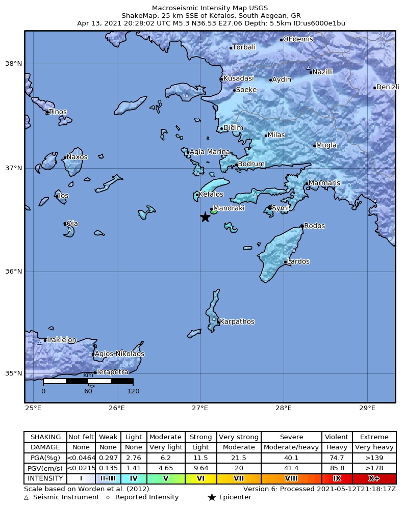 USGS ShakeMap intensity contours for the M5.3 earthquake near 10 km SW of Mandráki, Greece