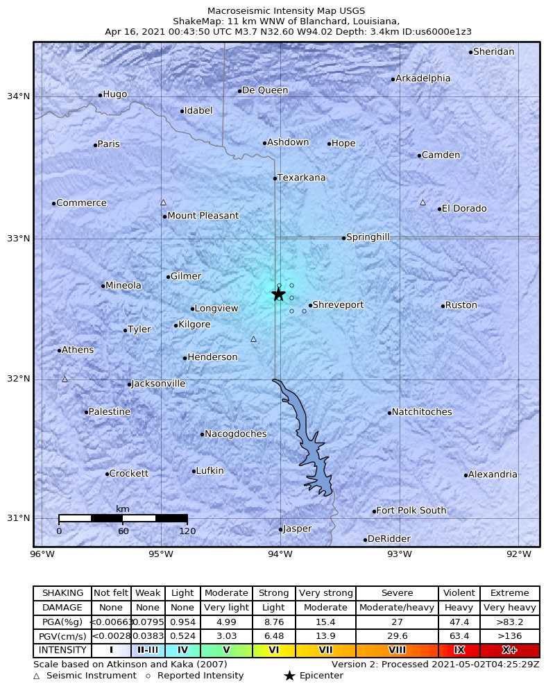 USGS ShakeMap: estimated shaking intensity around the epicenter