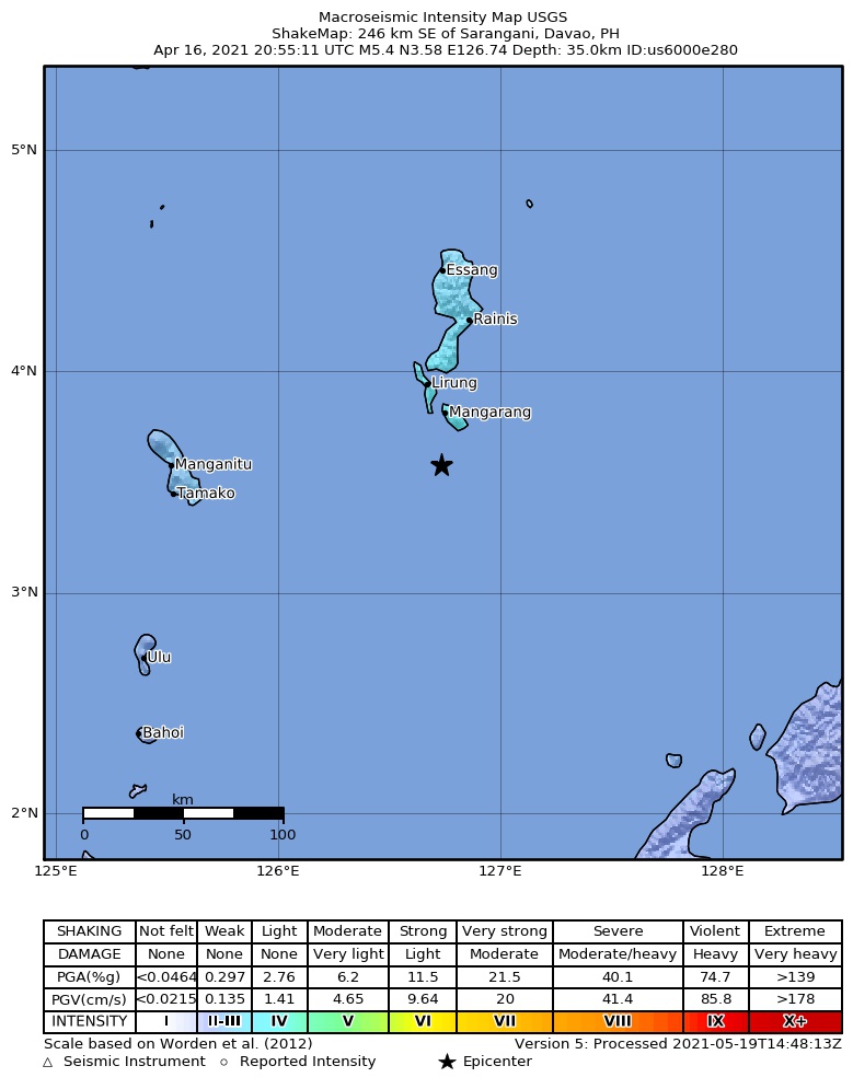 USGS ShakeMap intensity contours for the M5.4 earthquake near 246 km SE of Sarangani, Philippines