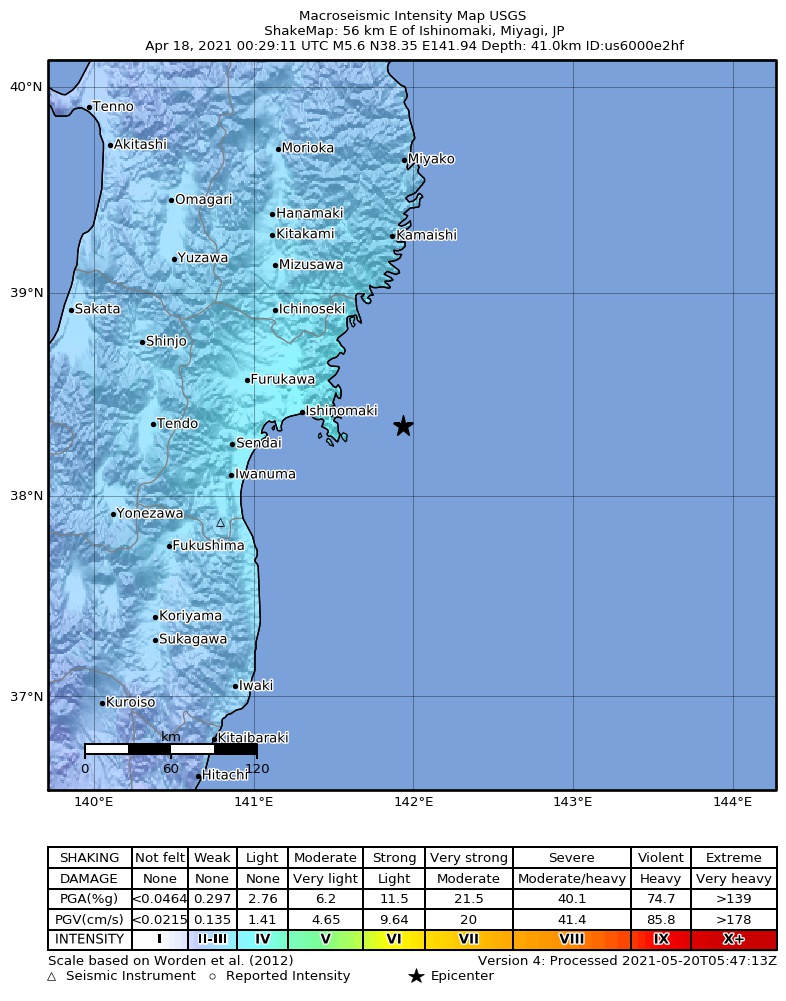 USGS ShakeMap intensity contours for the M5.6 earthquake near 57 km E of Ishinomaki, Japan