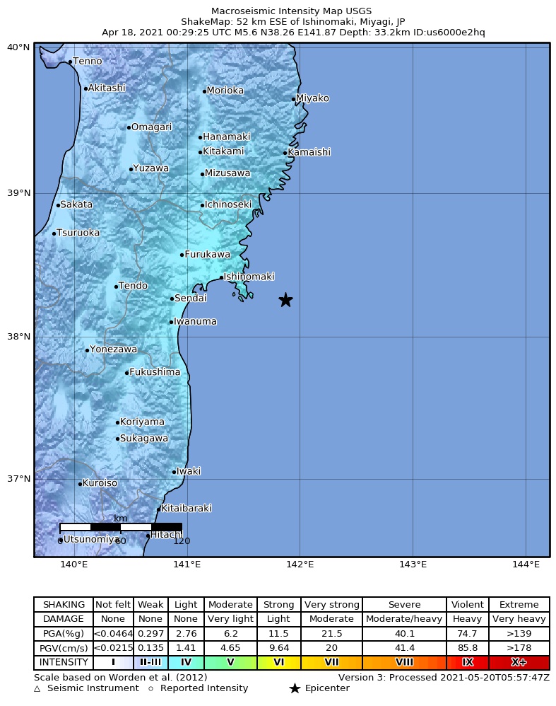 USGS ShakeMap intensity contours for the M5.6 earthquake near 53 km ESE of Ishinomaki, Japan