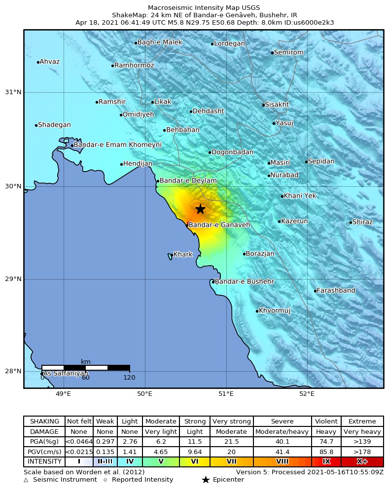 USGS ShakeMap intensity contours for the M5.8 earthquake near 24 km NE of Bandar-e Gen?veh, Iran