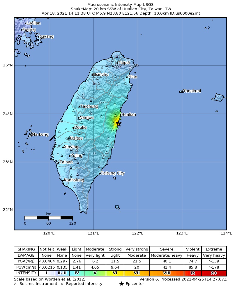 USGS ShakeMap intensity contours for the M5.5 earthquake near 21 km S of Hualien City, Taiwan