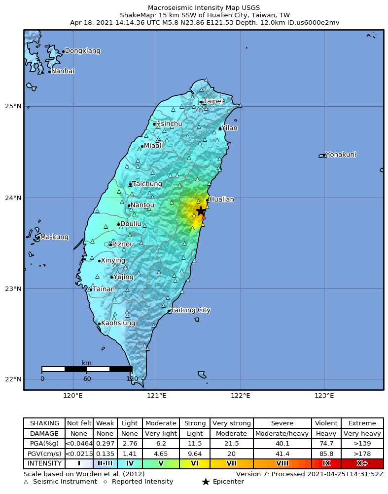 USGS ShakeMap intensity contours for the M5.8 earthquake near 15 km SSW of Hualien City, Taiwan