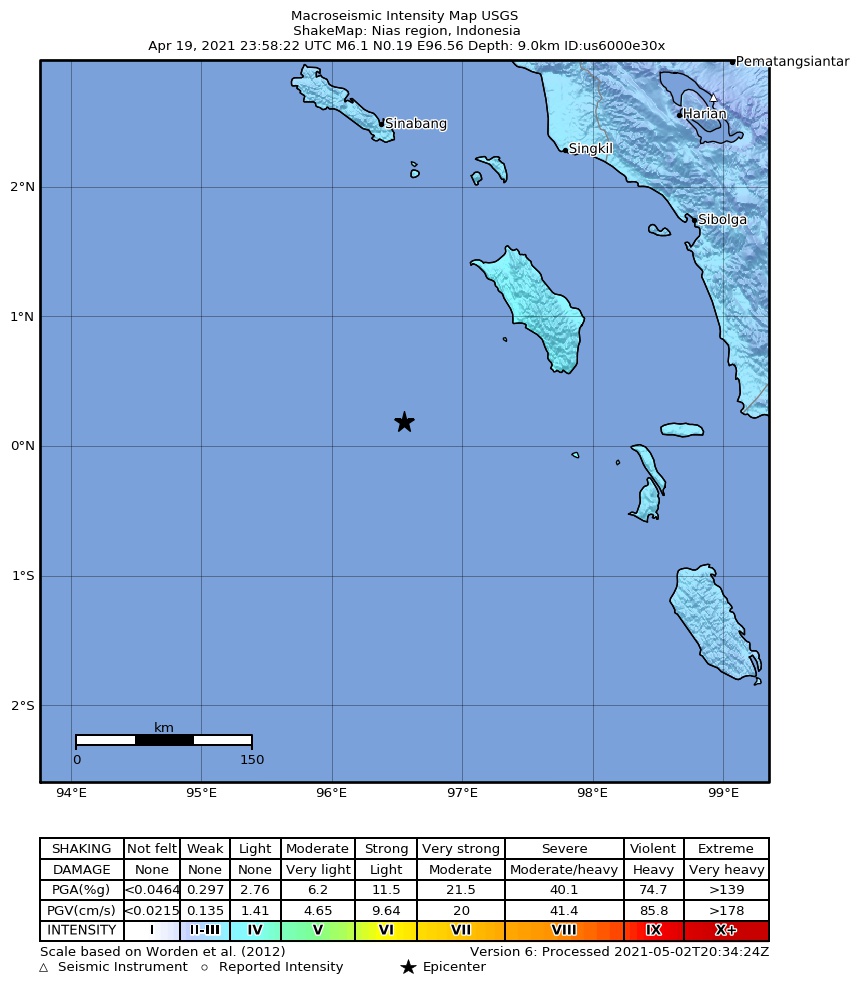 USGS ShakeMap intensity contours for the M6.1 earthquake near 254 km S of Sinabang, Indonesia