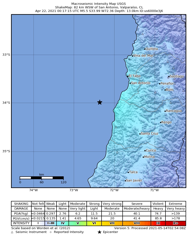 USGS ShakeMap intensity contours for the M5.5 earthquake near 82 km WSW of San Antonio, Chile