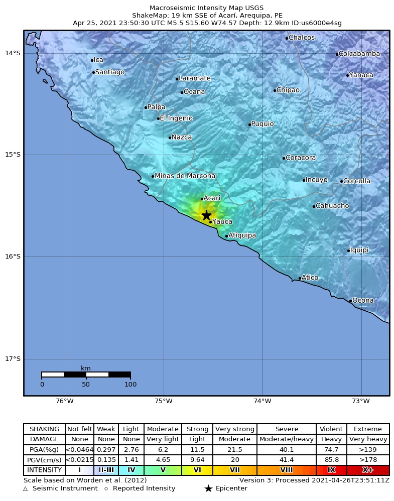 USGS ShakeMap intensity contours for the M5.4 earthquake near 17 km SSE of Acarí, Peru
