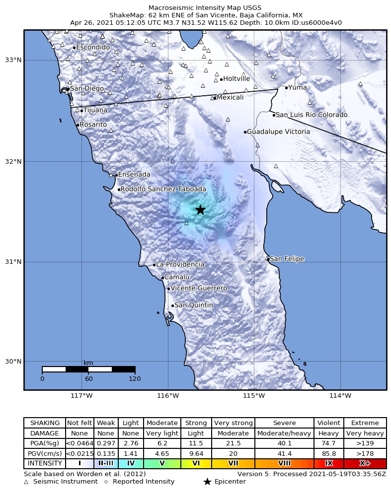 USGS ShakeMap: estimated shaking intensity around the epicenter