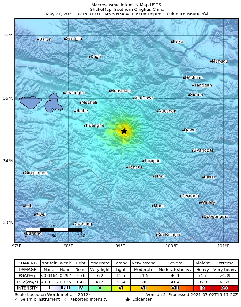 USGS ShakeMap intensity contours for the M5.5 earthquake near 189 km W of Oula Xiuma, China