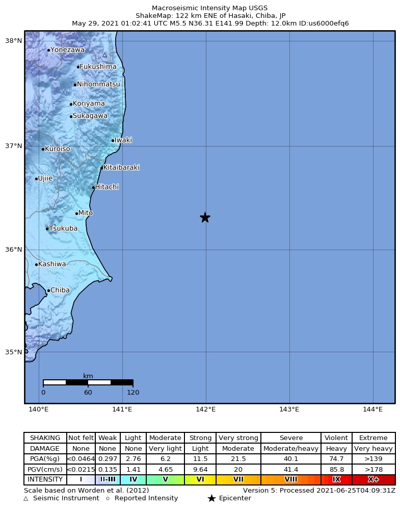 USGS ShakeMap intensity contours for the M5.5 earthquake near 122 km ENE of Hasaki, Japan