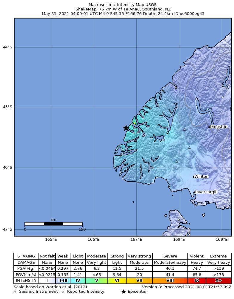 USGS ShakeMap intensity contours for the M4.9 earthquake near 75 km W of Te Anau, New Zealand