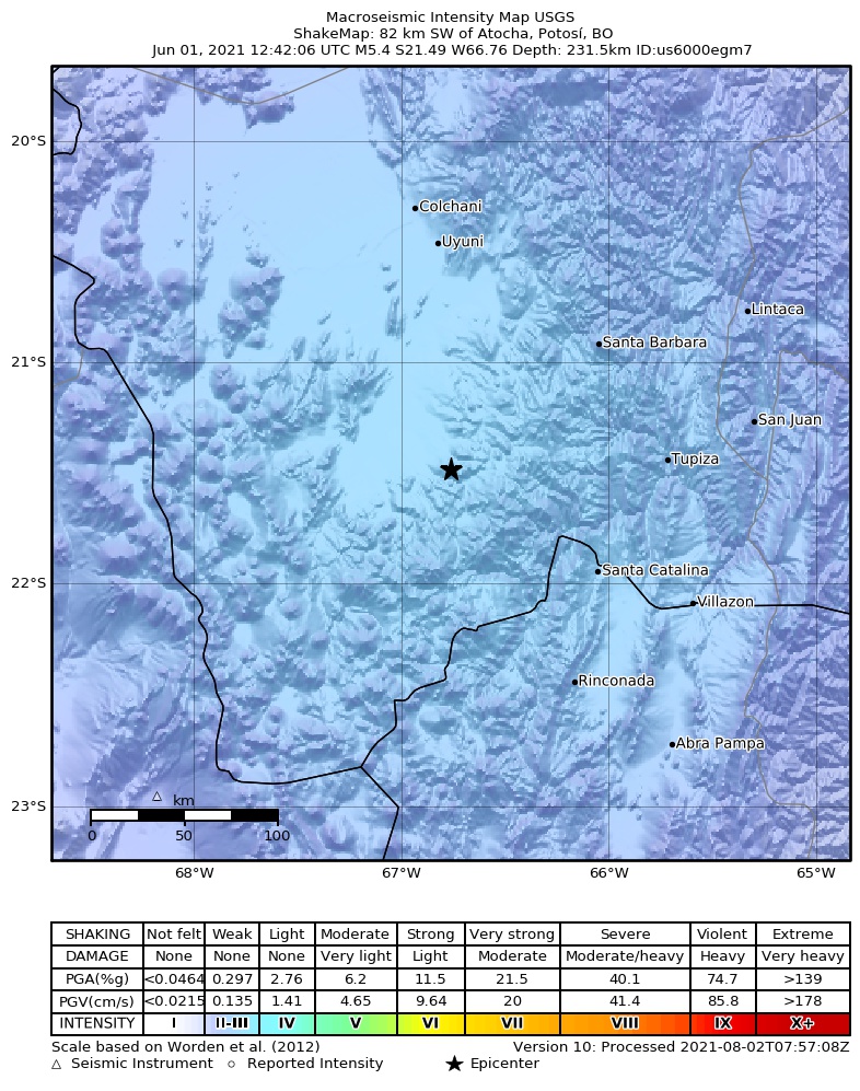 USGS ShakeMap intensity contours for the M5.4 earthquake near 82 km SW of Atocha, Bolivia