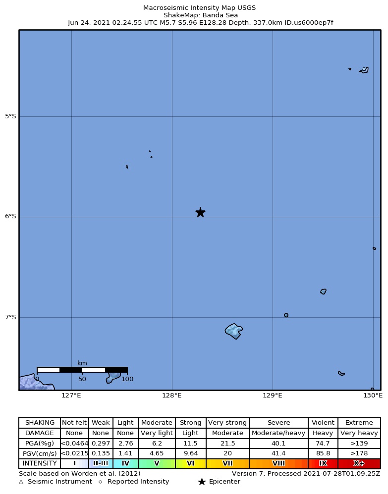 USGS ShakeMap intensity contours for the M5.7 earthquake near 250 km S of Ambon, Indonesia