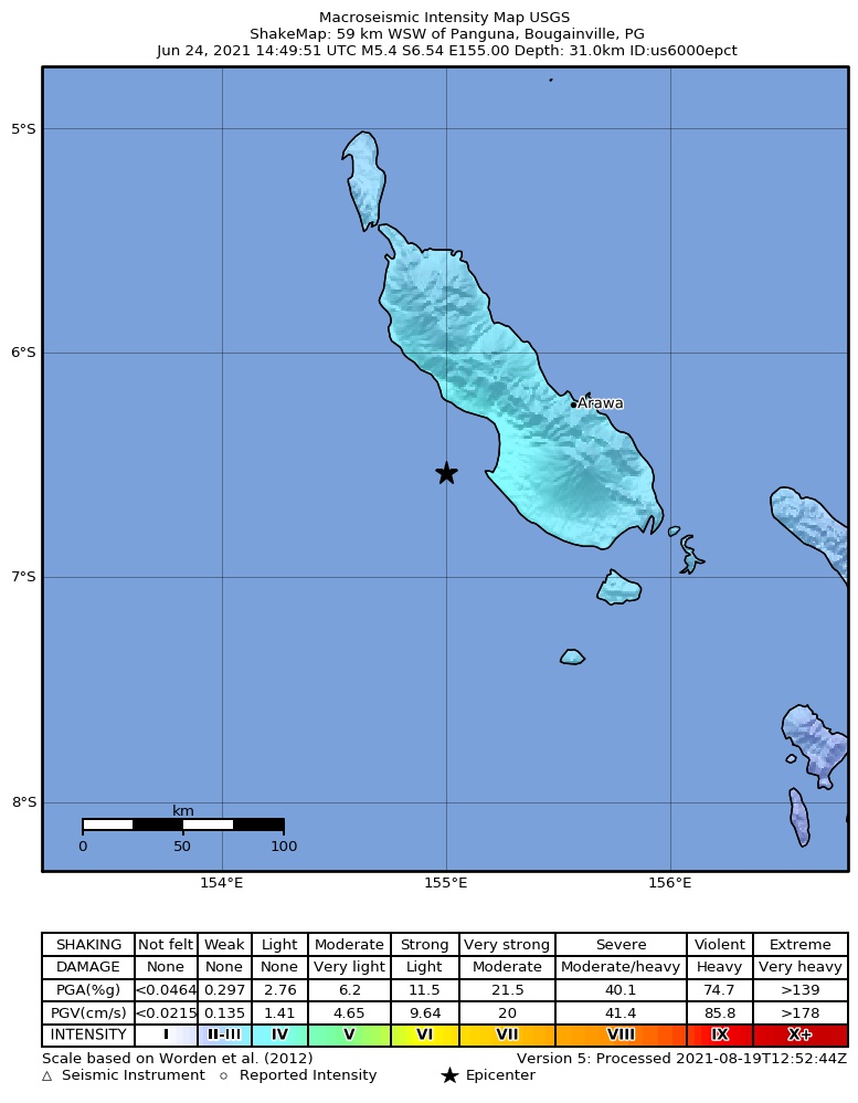 USGS ShakeMap intensity contours for the M5.4 earthquake near 59 km WSW of Panguna, Papua New Guinea