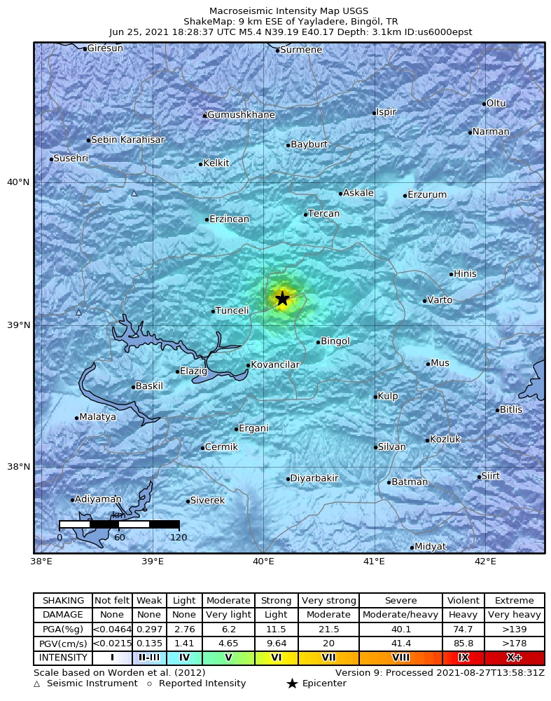 USGS ShakeMap intensity contours for the M5.4 earthquake near eastern Turkey