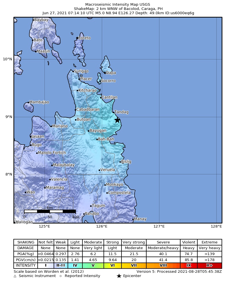 USGS ShakeMap intensity contours for the M5.0 earthquake near 2 km WNW of Bacolod, Philippines