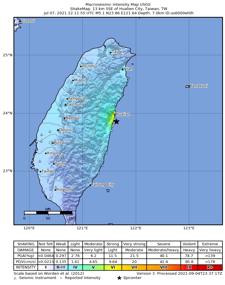 USGS ShakeMap intensity contours for the M5.1 earthquake near 13 km SSE of Hualien City, Taiwan