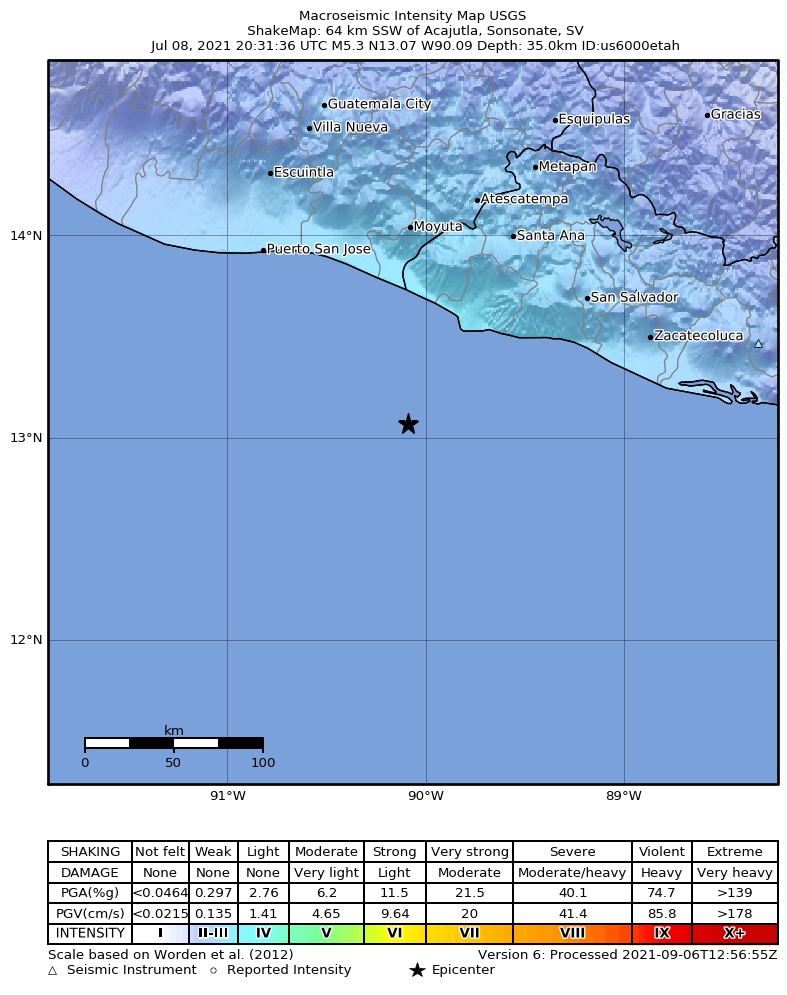 USGS ShakeMap intensity contours for the M5.3 earthquake near 64 km SSW of Acajutla, El Salvador