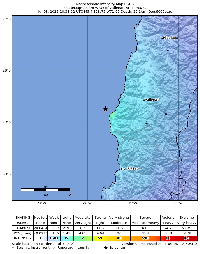 USGS ShakeMap intensity contours for the M5.4 earthquake near 84 km WSW of Vallenar, Chile
