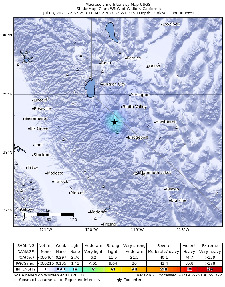 USGS ShakeMap: estimated shaking intensity around the epicenter