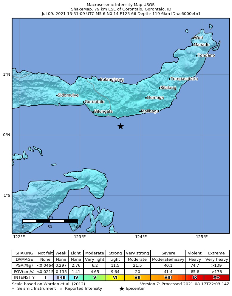 USGS ShakeMap intensity contours for the M5.6 earthquake near 79 km ESE of Gorontalo, Indonesia