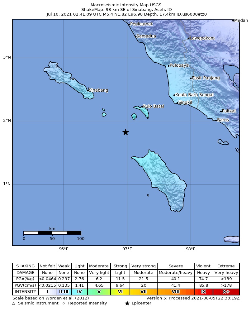 USGS ShakeMap intensity contours for the M5.4 earthquake near 98 km SE of Sinabang, Indonesia