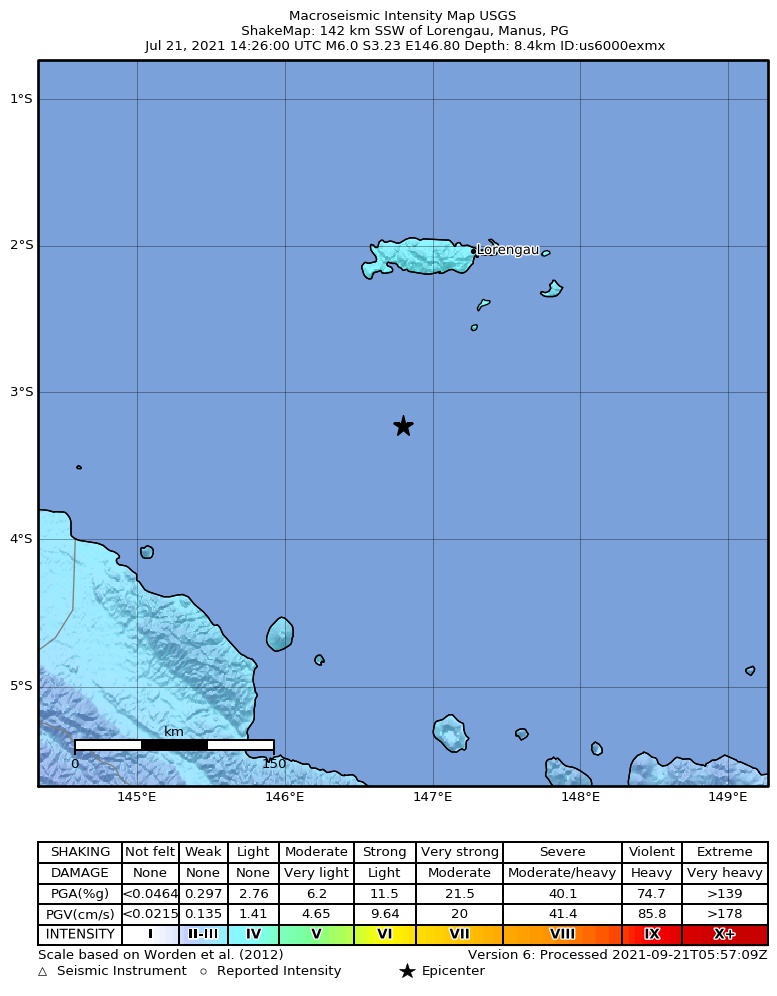 USGS ShakeMap intensity contours for the M6.0 earthquake near 142 km SSW of Lorengau, Papua New Guinea