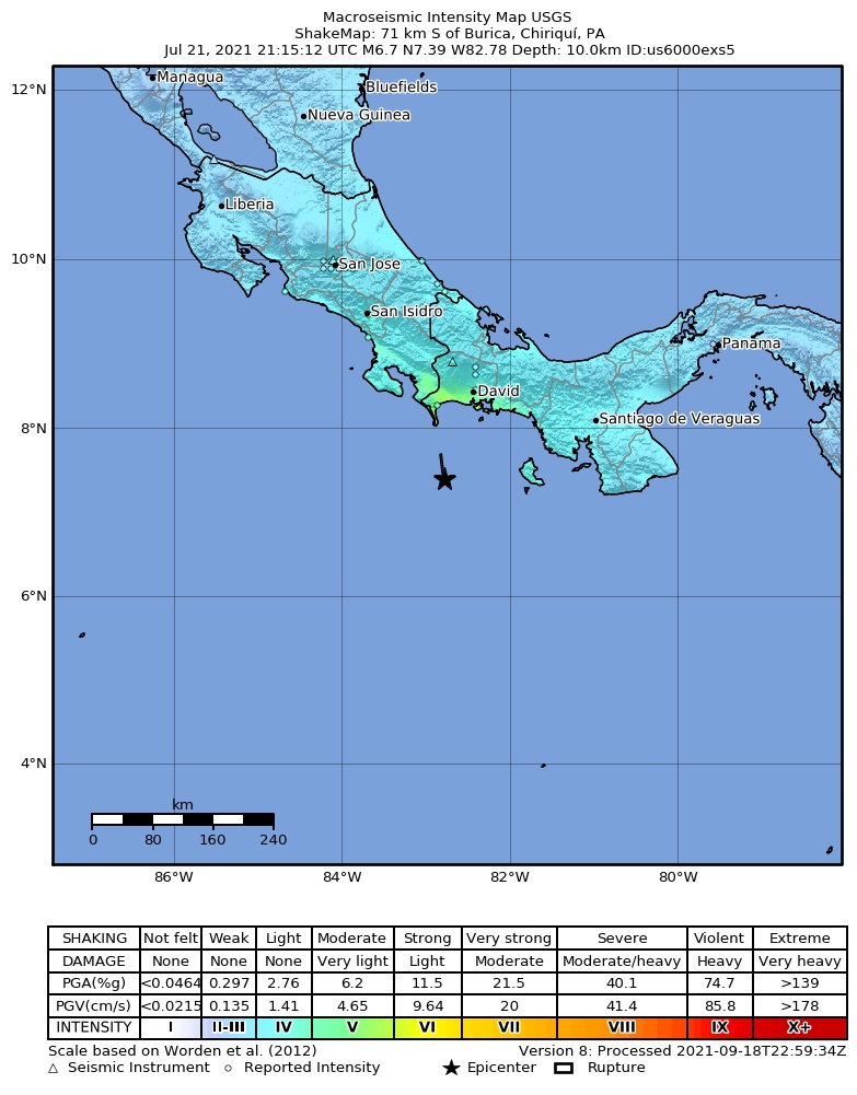USGS ShakeMap: estimated shaking intensity around the epicenter