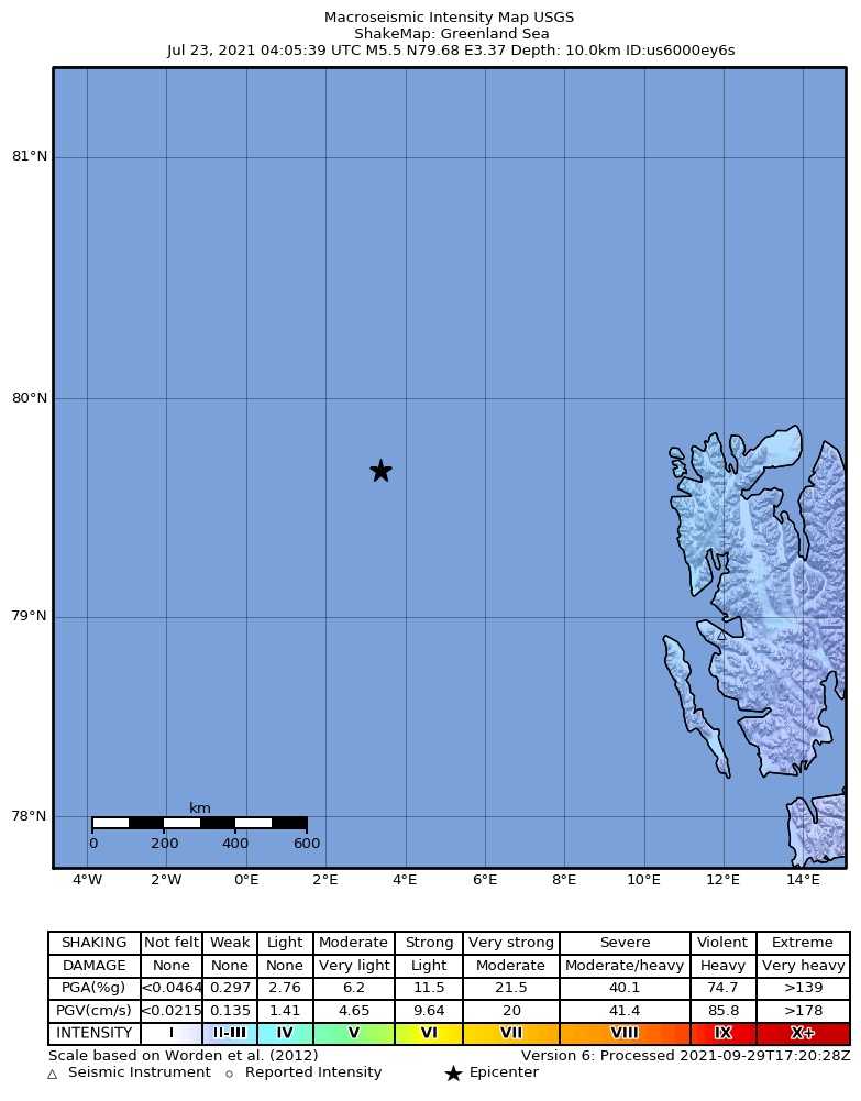 USGS ShakeMap intensity contours for the M5.5 earthquake near Greenland Sea