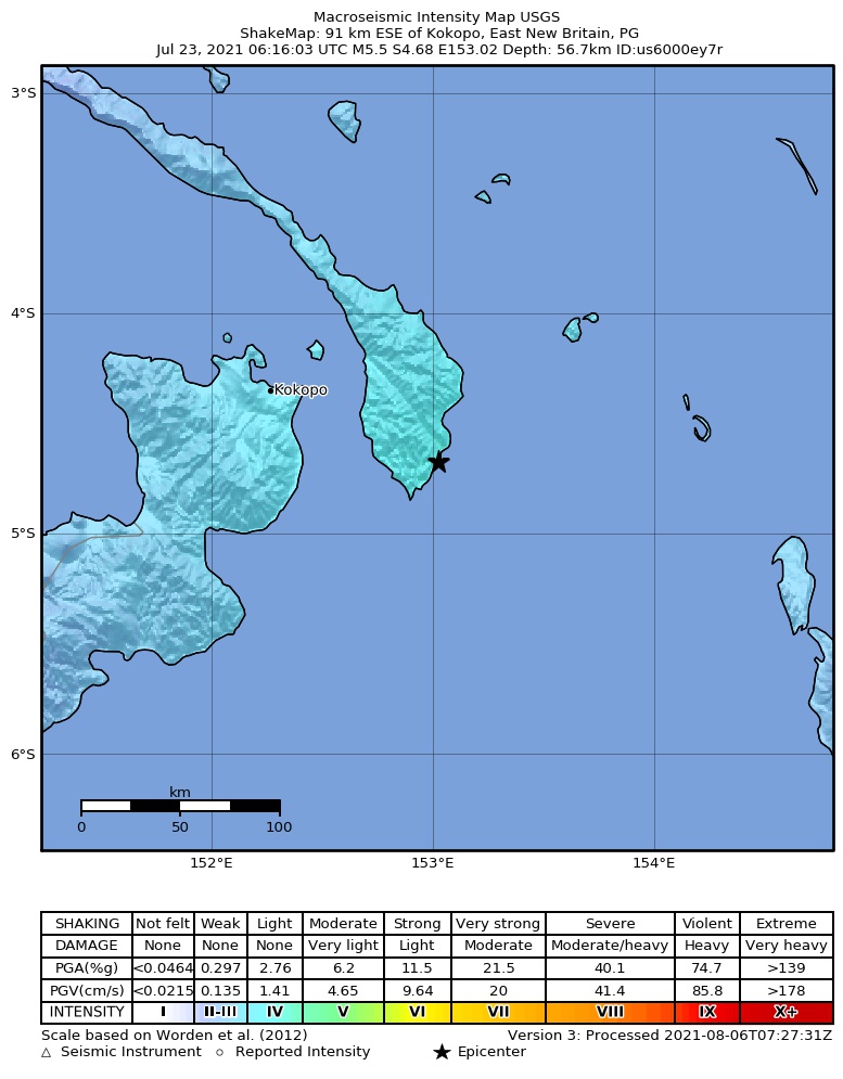 USGS ShakeMap intensity contours for the M5.5 earthquake near 91 km ESE of Kokopo, Papua New Guinea