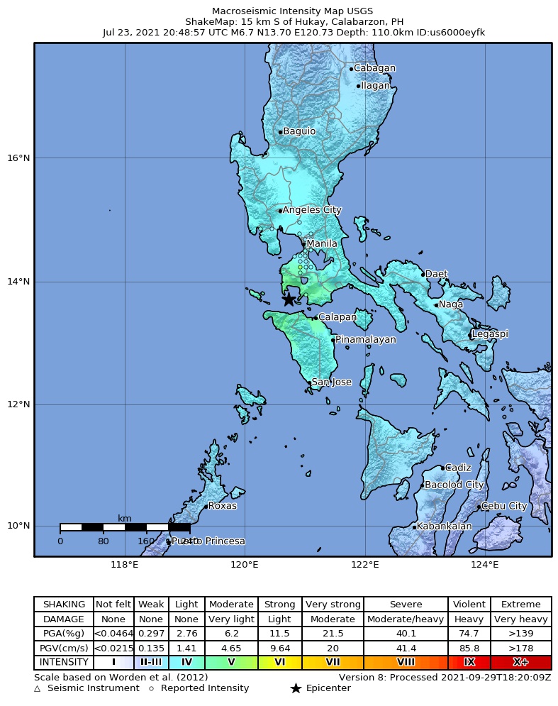 USGS ShakeMap intensity contours for the M6.7 earthquake near 15 km S of Hukay, Philippines