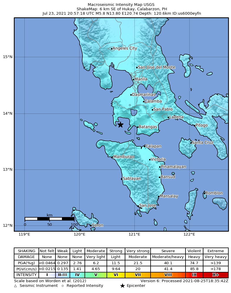 USGS ShakeMap intensity contours for the M5.8 earthquake near 6 km SE of Hukay, Philippines