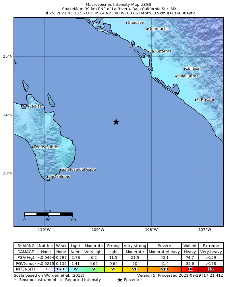 USGS ShakeMap intensity contours for the M5.4 earthquake near 99 km ENE of La Rivera, Mexico