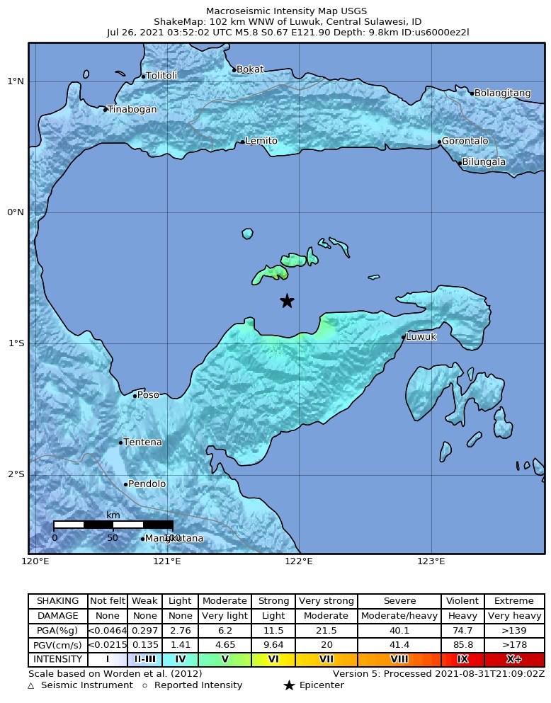 USGS ShakeMap intensity contours for the M5.8 earthquake near 102 km WNW of Luwuk, Indonesia