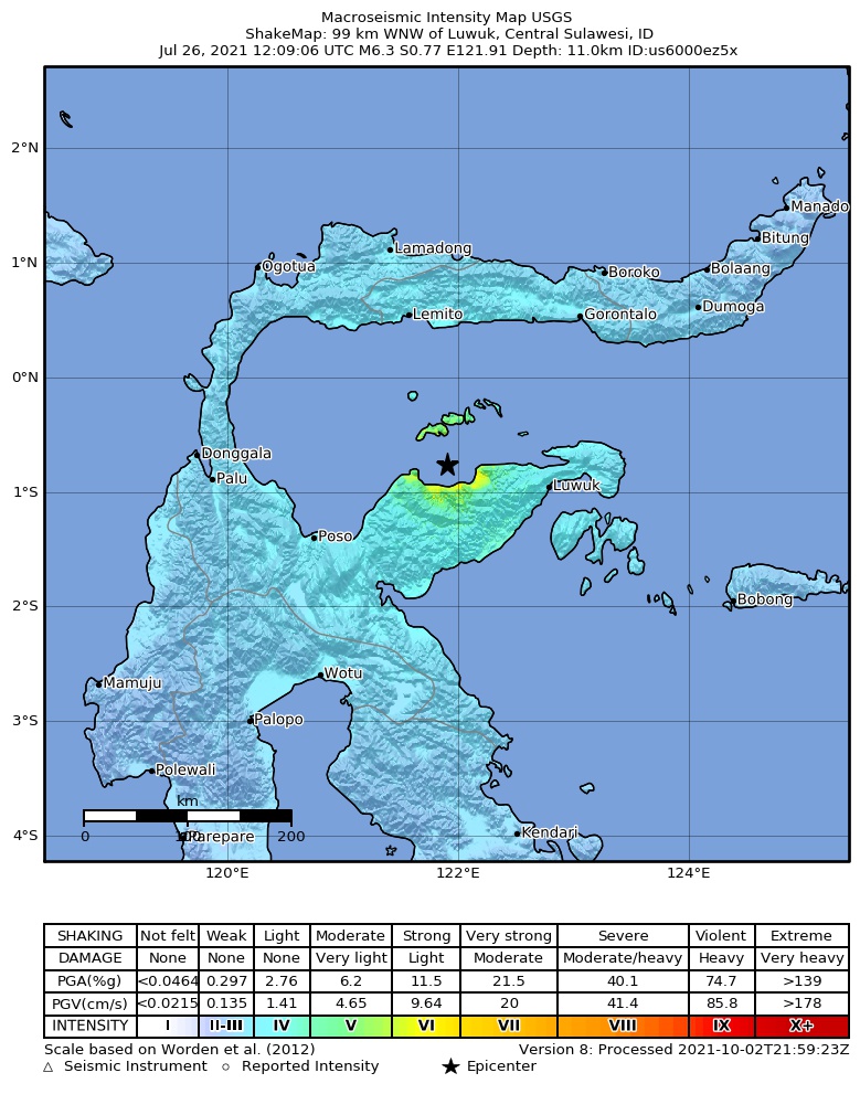 USGS ShakeMap intensity contours for the M6.3 earthquake near 99 km WNW of Luwuk, Indonesia